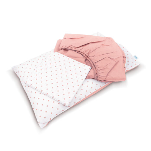 Set lenzuola per culla con motivo a pois rosa praline. Include lenzuola con angoli in tinta unita, lenzuolo sopra bianco a pois rosa praline e una federa in coordinato, ideale per il comfort e la decorazione della culla del tuo bambino. Design elegante e delicato.